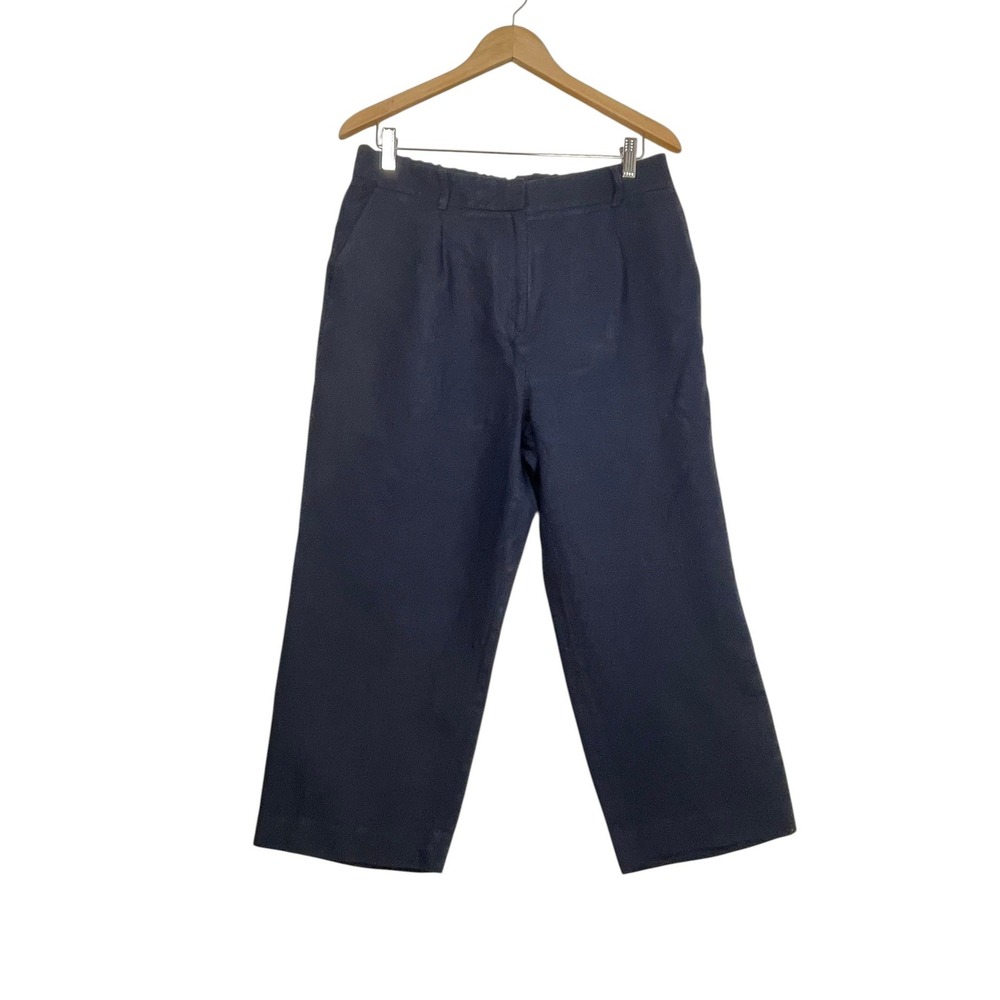 Talbots Bristol Crop‎ Pant Navy Blue 100% Linen Wide Leg Trousers 12P Womens